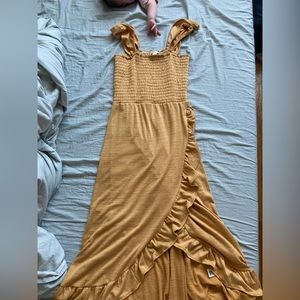 Mustard ruffle midi dress